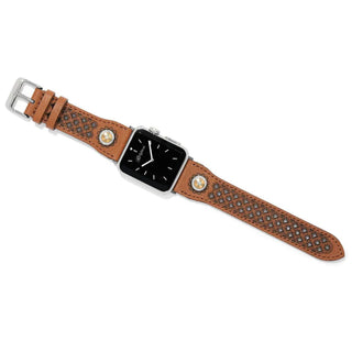 Smartwatch with a brown leather strap featuring decorative elements on a white background. Brighton Mosaic Leather Watch Band