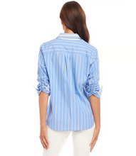 Load image into Gallery viewer, Karen Kane Contrast Ruched Sleeve Shirt, Blue Stripe

