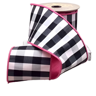 4" Black & White Check Faux Dupion Ribbon with Hot Pink Back - SOLD BY THE FOOT