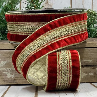 Red 2.5" Velvet Ribbon with Verona Gold Trim - Sold by the Foot