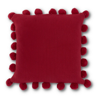Red Moss Stitch Knit Pillow with Pompom Trim