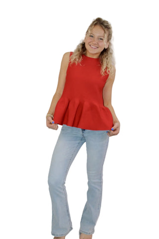 red sleeveless top with peplum 