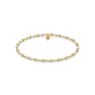 A delicate gold and pearl beaded bracelet on a clean white background, featuring white pearls and textured gold spacer beads. Reece Pearl 14K Gold Filled Beaded Bracelet