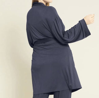navy blue, wrap-style, short robe with long sleeves and two front pockets, organic bamboo