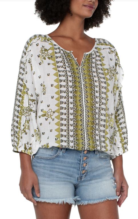 Liverpool Geo Floral Ruffle Sleeve Dolman Top