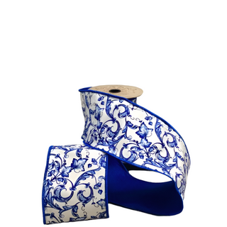 Blue & White Acanthus Scroll Chinoiserie Taffeta Ribbon - SOLD BY THE FOOT