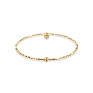 A delicate gold beaded bracelet with a textured central bead and a small branded tag, displayed on a clean white background. Signature Ally 14K Gold Filled Beaded Bracelet