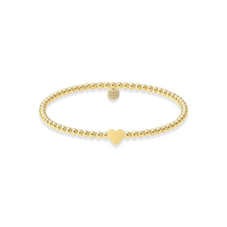 A delicate gold beaded bracelet with a small polished heart charm in the center, displayed on a clean white background. Solid Heart 14K Gold Filled Beaded Bracelet