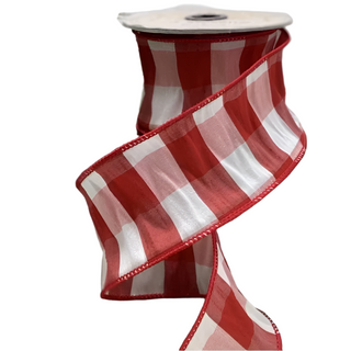 Red & White Faux Dupion Check Ribbon - SOLD BY THE FOOT