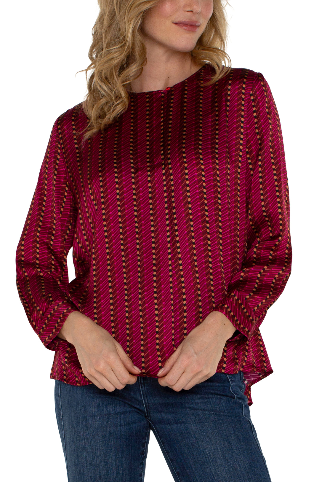 Liverpool Ruby Dotted Stripe Long Sleeve Popover Blouse