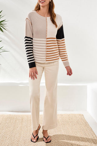 Tribal Multi Stripe Textured Boat Neck Sweater in Quartz 