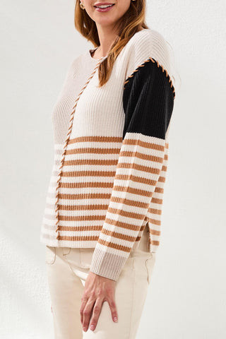 Tribal Multi Stripe Textured Boat Neck Sweater in Quartz 