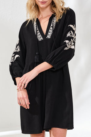 Tribal Elbow Sleeve Dress with Embroidery Detail in Black