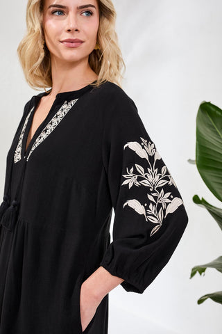 Tribal Elbow Sleeve Dress with Embroidery Detail in Black