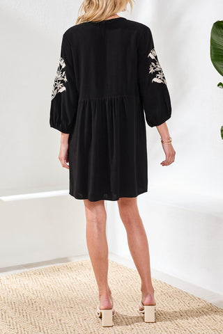 Tribal Elbow Sleeve Dress with Embroidery Detail in Black