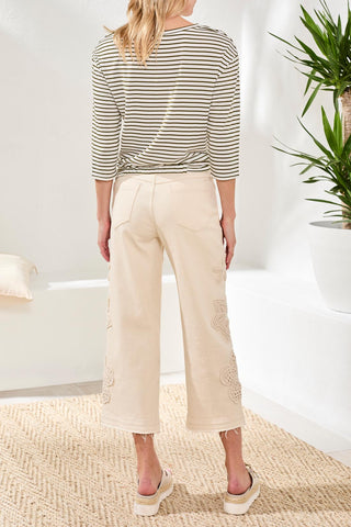 Tribal Audrey Button Fly Wide Crop with Crochet in Ecru