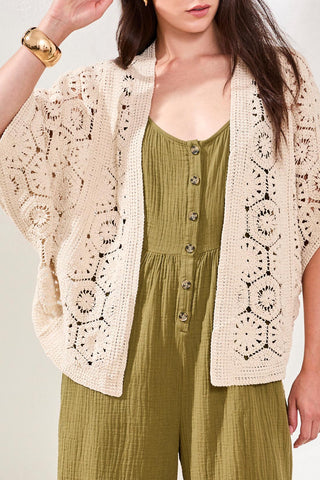 Tribal Crochet 3/4 Sleeve Cardigan in Natural