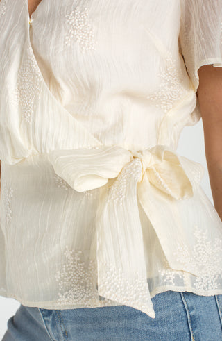 Liverpool Short Sleeve Wrap Front Woven Top with Tie in Cream