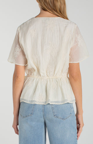 Liverpool Short Sleeve Wrap Front Woven Top with Tie in Cream
