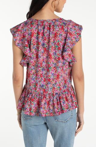Liverpool Pink Floral Flutter Sleeve Peplum Top with Ties