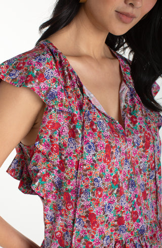 Liverpool Pink Floral Flutter Sleeve Peplum Top with Ties