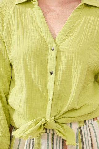 Tribal Raglan Sleeve Shirt with Raw Edge Hem in Green Banana