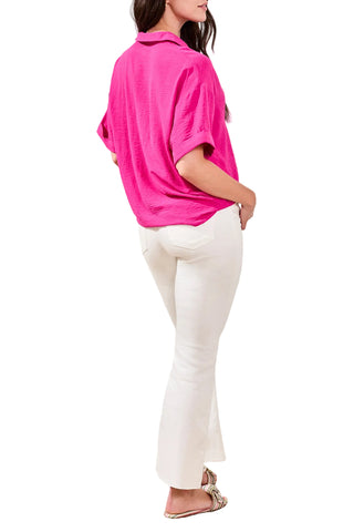 Tribal Lapel Collar V-Neck Short Sleeve Shirt in Bright Gardenia