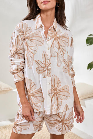 Tribal Long Sleeve Button Front Blouse in White/Brown Floral