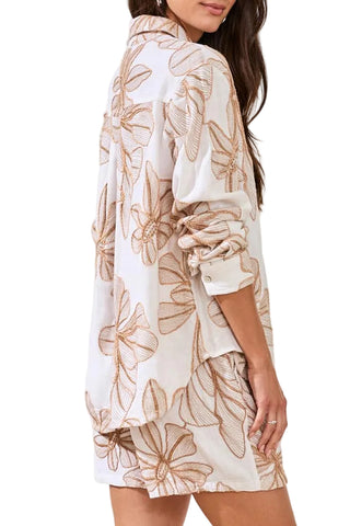 Tribal Long Sleeve Button Front Blouse in White/Brown Floral