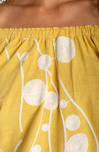 Liverpool Yellow with Cream Embroidery 3/4 Sleeve Top