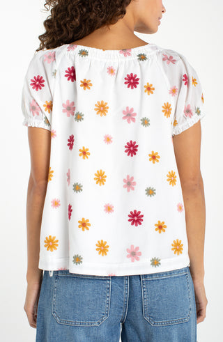 Liverpool White Floral Short Sleeve Tie Neck Top