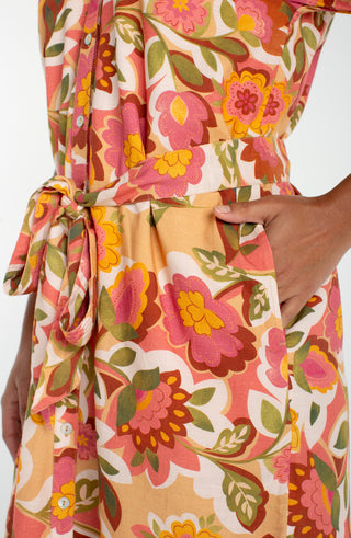 Liverpool Tan Floral Short Sleeve Button Front Dress
