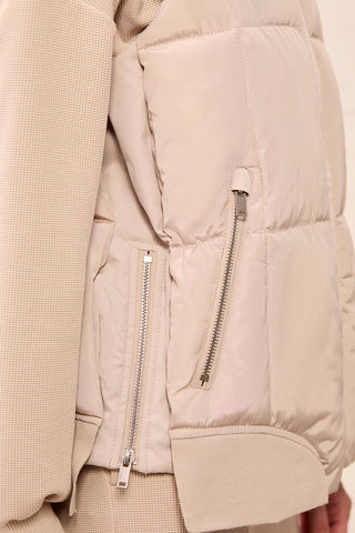 Tribal Quilted Puffer Vest with Removable Hood in Sanddune