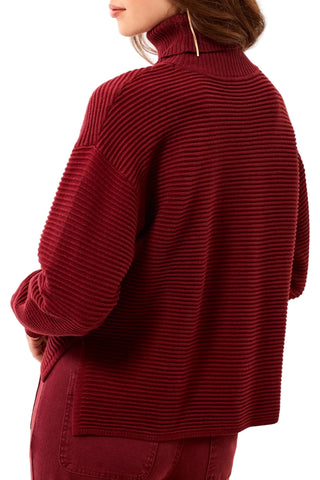 Tribal Turtleneck High Low Sweater with Side Slits in Cherry Lacquer