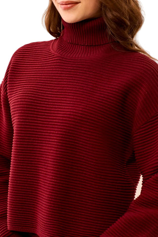 Tribal Turtleneck High Low Sweater with Side Slits in Cherry Lacquer
