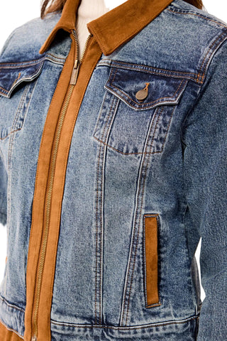 Tribal Moonlight Zip Front Denim Jacket with Suede Trim
