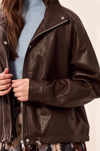 Tribal Saddle Brown Relaxed Mock Neck Jacket with Adjustable Hem