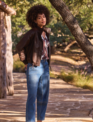 Tribal Saddle Brown Relaxed Mock Neck Jacket with Adjustable Hem