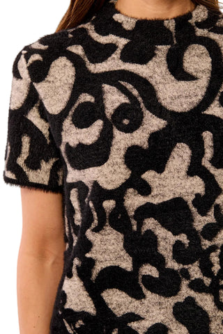 Tribal Short Sleeve Crew Neck Jacquard Sweater Dress in Black