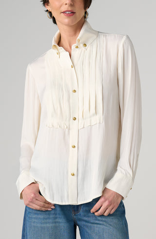 Liverpool Long Sleeve Tuxedo Top with High Collar in Whipped Cream