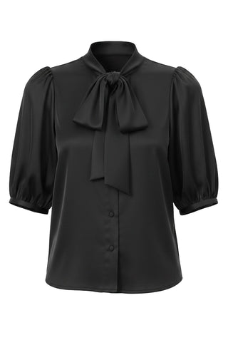 Liverpool Elbow Length Puff Sleeve Button Front Top in Black