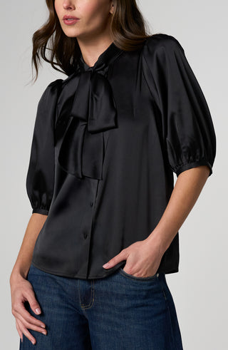Liverpool Elbow Length Puff Sleeve Button Front Top in Black