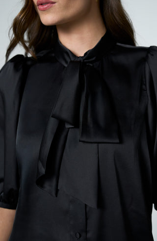 Liverpool Elbow Length Puff Sleeve Button Front Top in Black