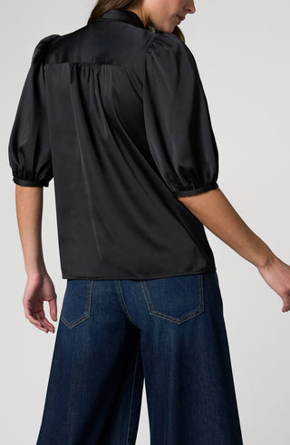 Liverpool Elbow Length Puff Sleeve Button Front Top in Black