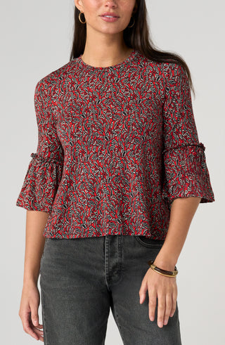Liverpool Red & Black Jewel Neck Flared Half Sleeve Knit Top