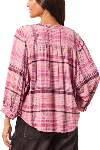Tribal Wide Sleeve Plaid Blouse with Yoke Detail in Nostalgia