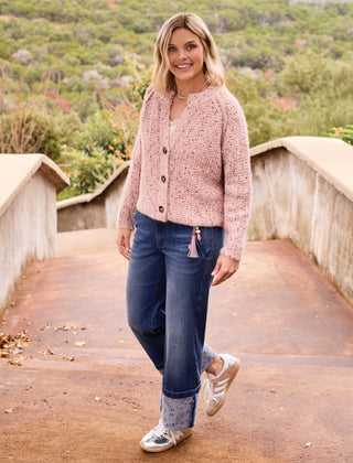 Tribal Tweed Like Sequined Cardigan Sweater in Macaron