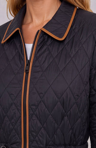 Liverpool Zip Front Quilted Coat with Cinched Waist, Black