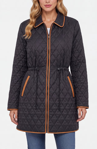 Liverpool Zip Front Quilted Coat with Cinched Waist, Black
