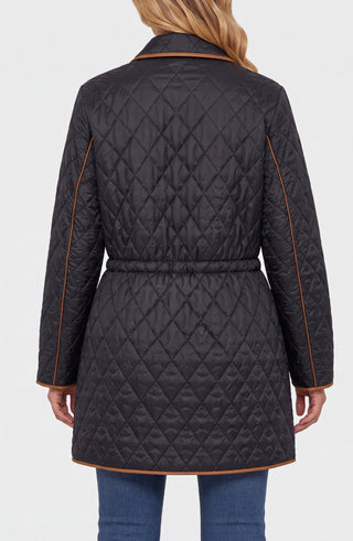 Liverpool Zip Front Quilted Coat with Cinched Waist, Black